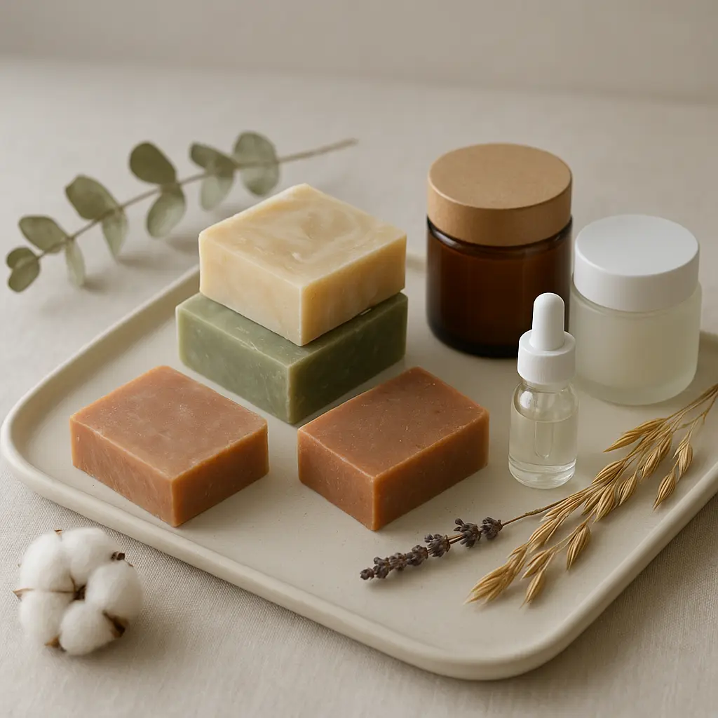 Kaltgerührte Seifen und Naturpflege auf Keramiktablett