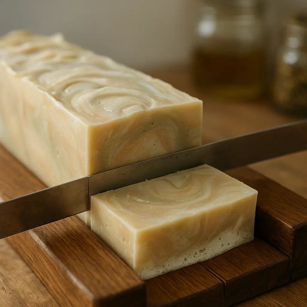 Kaltgerührte Seife wird geschnitten