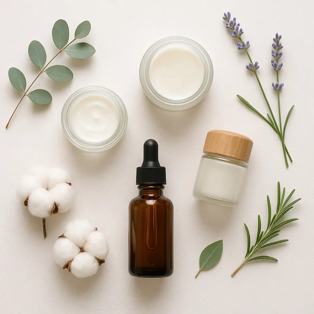 Natürliche Hautpflegeprodukte als Flatlay